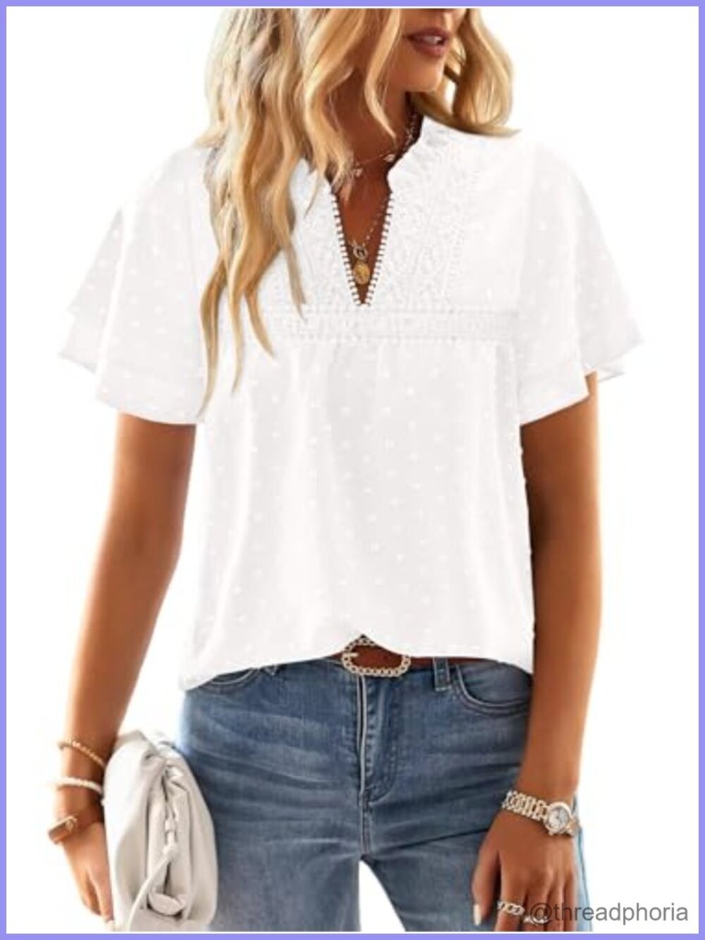 Boho V-Neck Ruffle Sleeve Swiss Dot Lace Hem Flowy Blouse